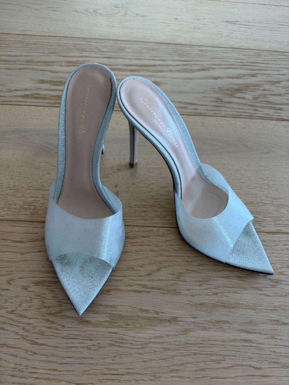 Gianvito Rossi Silver Pointed-Toe Open-Back Mules